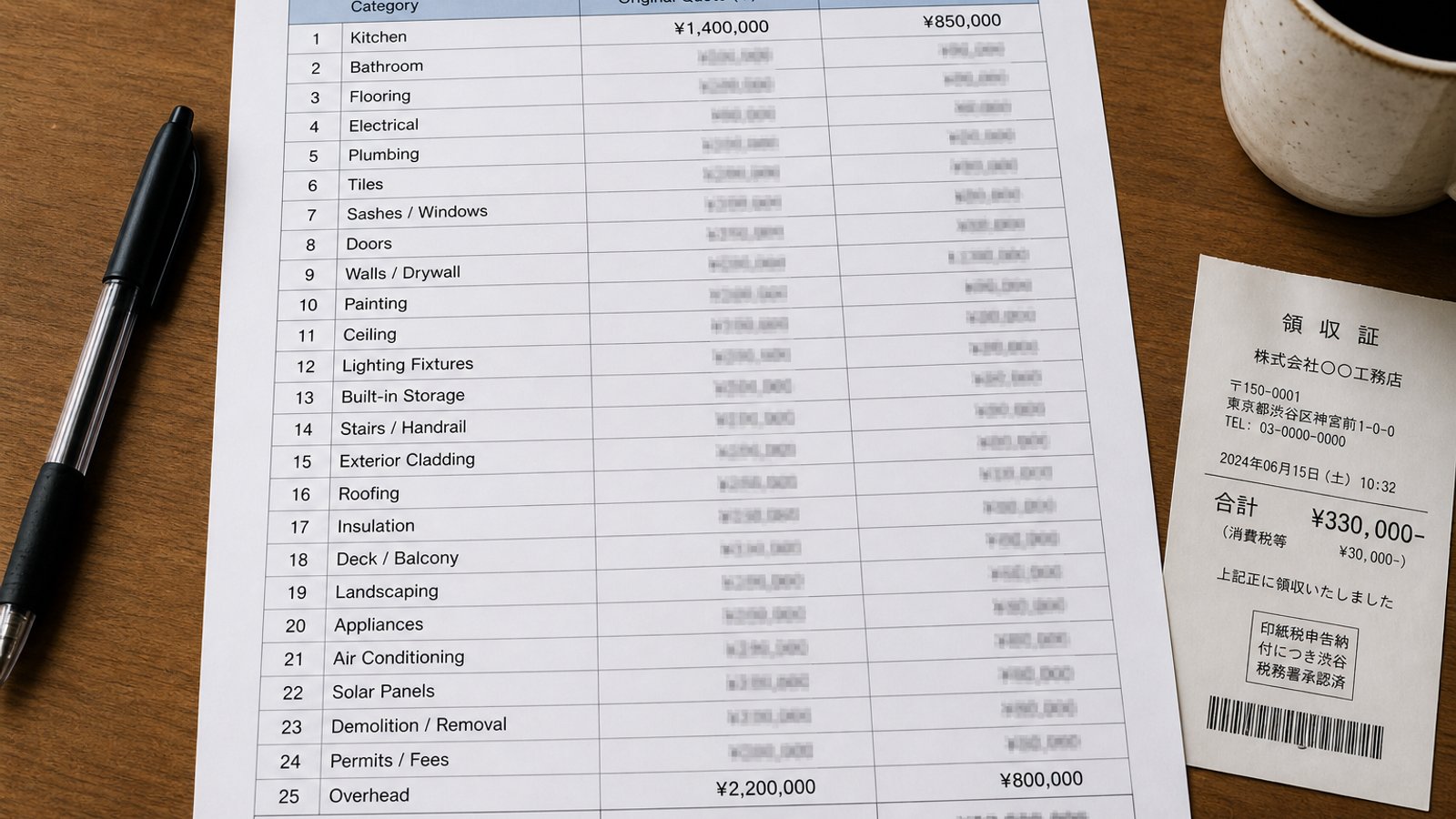 Cost comparison spreadsheet — original quote vs. final paid, most yen values blurred for privacy